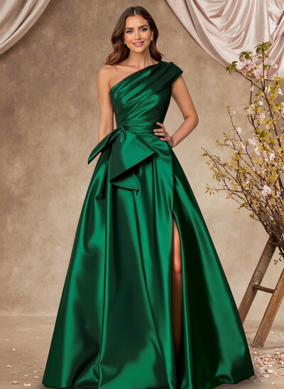 A-Line One-Shoulder Sleeveless Satin Mother Of The Bride Dresses With High Split