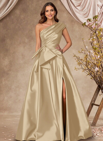 A-Line One-Shoulder Sleeveless Satin Mother Of The Bride Dresses With High Split