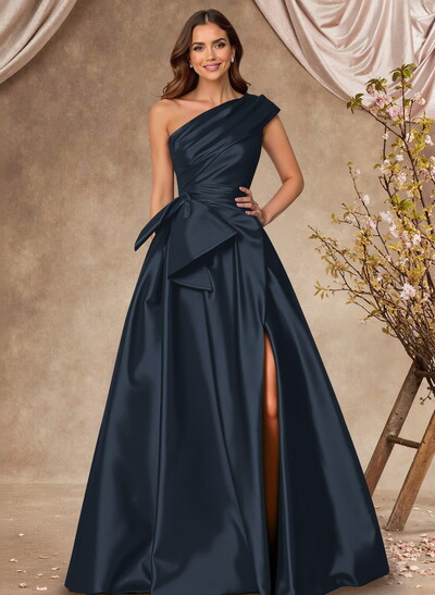 A-Line One-Shoulder Sleeveless Satin Mother Of The Bride Dresses With High Split