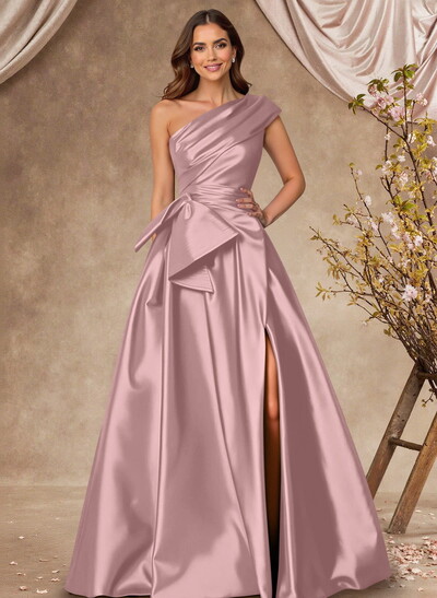 A-Line One-Shoulder Sleeveless Satin Mother Of The Bride Dresses With High Split