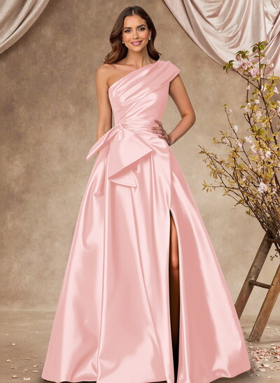 A-Line One-Shoulder Sleeveless Satin Mother Of The Bride Dresses With High Split