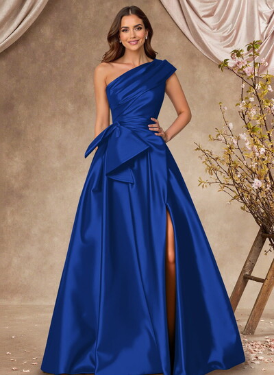 A-Line One-Shoulder Sleeveless Satin Mother Of The Bride Dresses With High Split