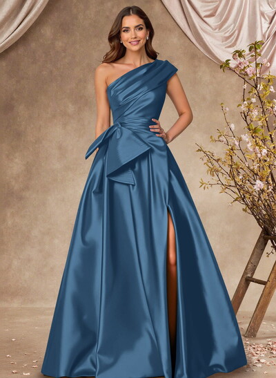 A-Line One-Shoulder Sleeveless Satin Mother Of The Bride Dresses With High Split