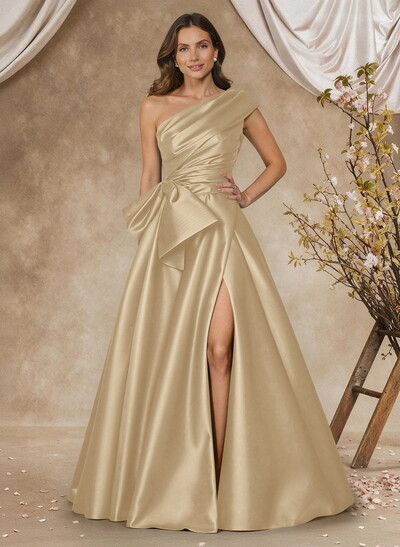 A-Line One-Shoulder Sleeveless Satin Mother Of The Bride Dresses With High Split