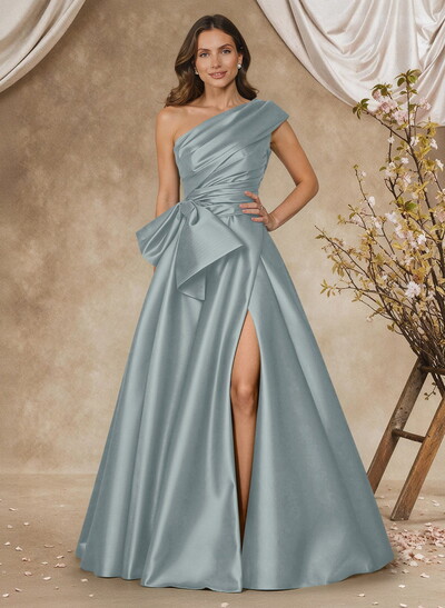 A-Line One-Shoulder Sleeveless Satin Mother Of The Bride Dresses With High Split