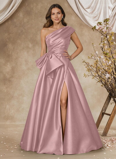A-Line One-Shoulder Sleeveless Satin Mother Of The Bride Dresses With High Split