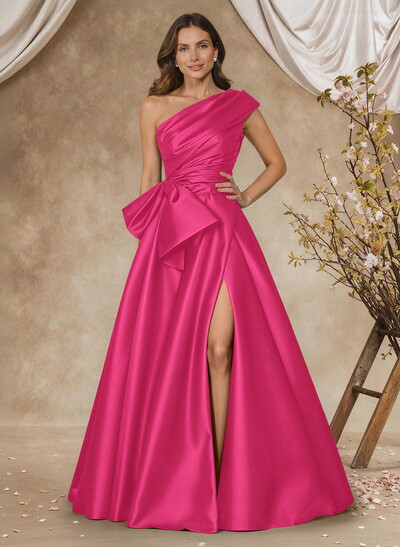 A-Line One-Shoulder Sleeveless Satin Mother Of The Bride Dresses With High Split