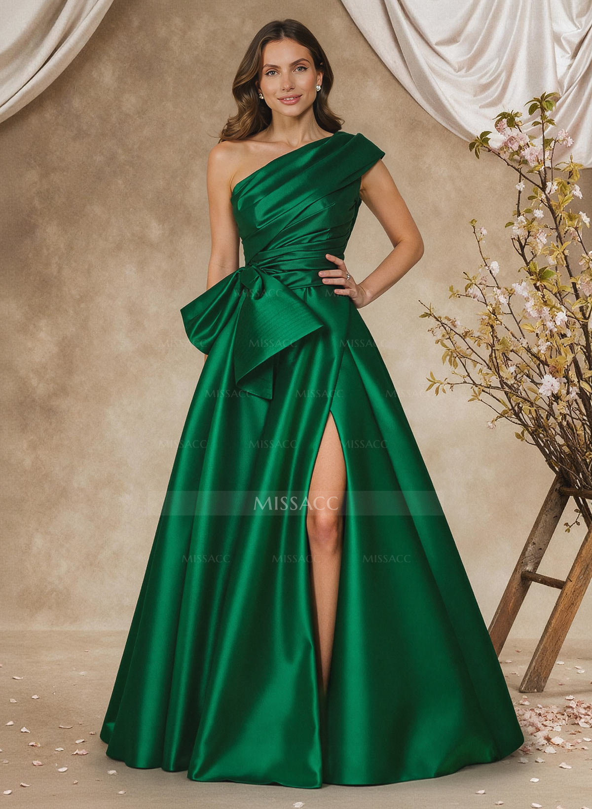 A-Line One-Shoulder Sleeveless Satin Mother Of The Bride Dresses With High Split