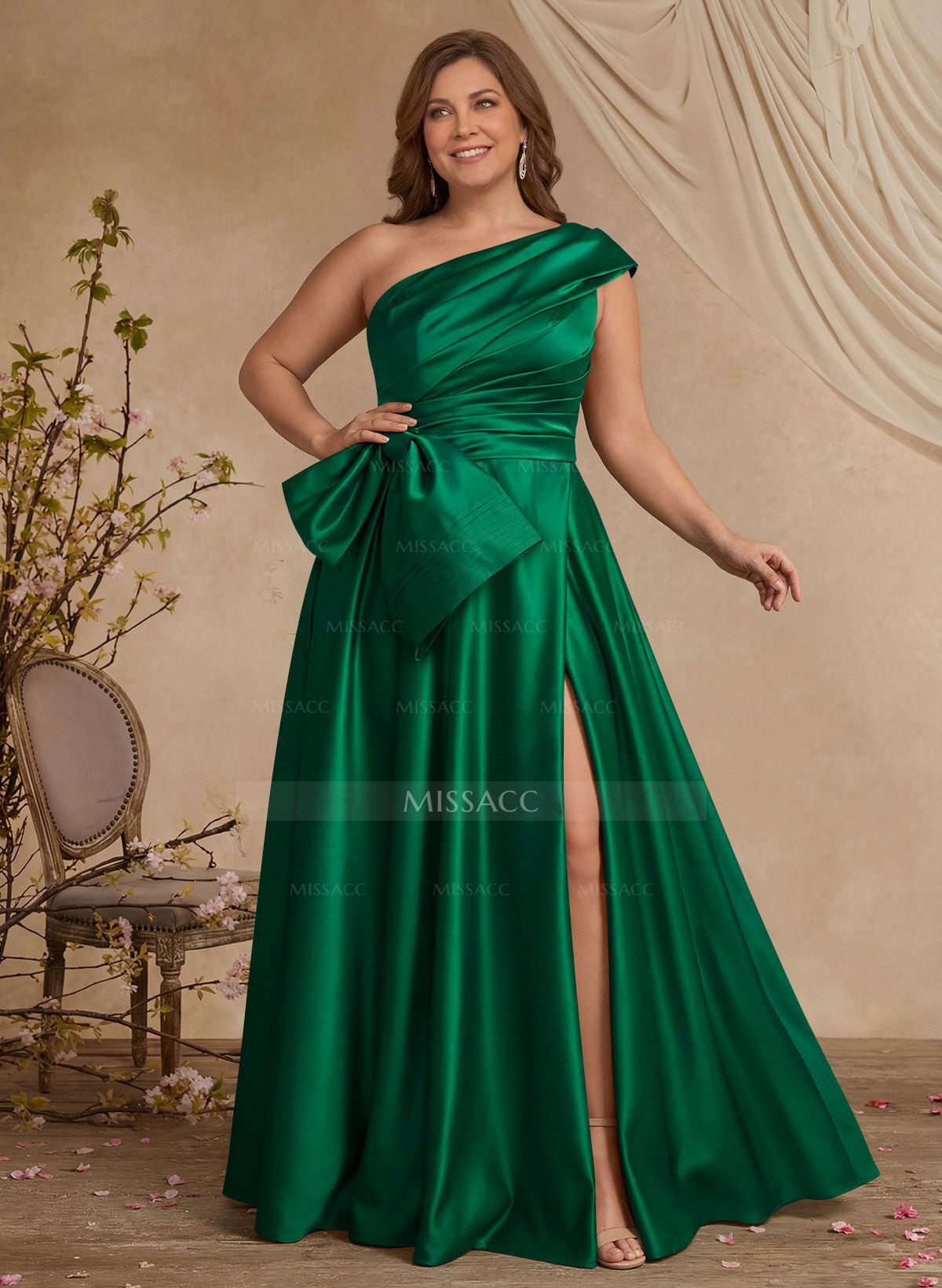 A-Line One-Shoulder Sleeveless Satin Mother Of The Bride Dresses With High Split
