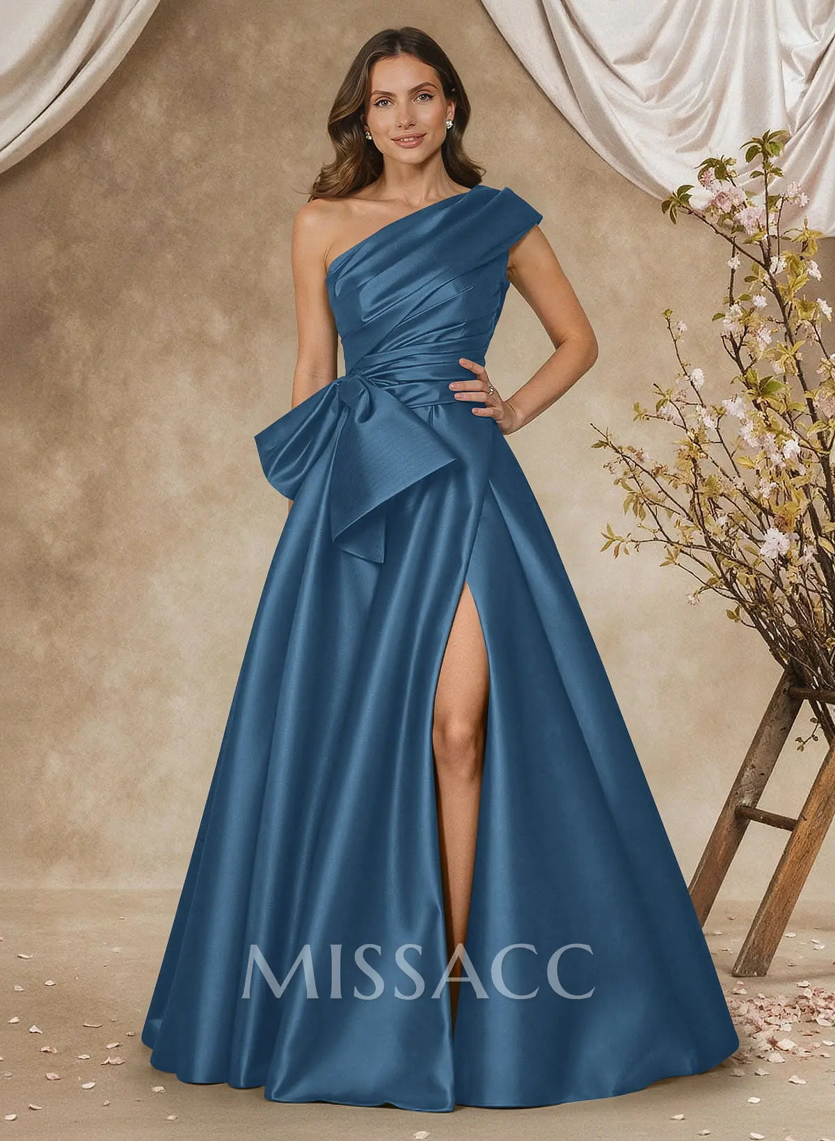 missacc dresses Chocolate Mother Of The Bride A-Line Off-The-Shoulder Long Sleeves Floor-Length Satin Mother Of The Bride Dresses With Bow(s) perfect for a sophisticated wedding event Missacc Slate Blue Mother Of