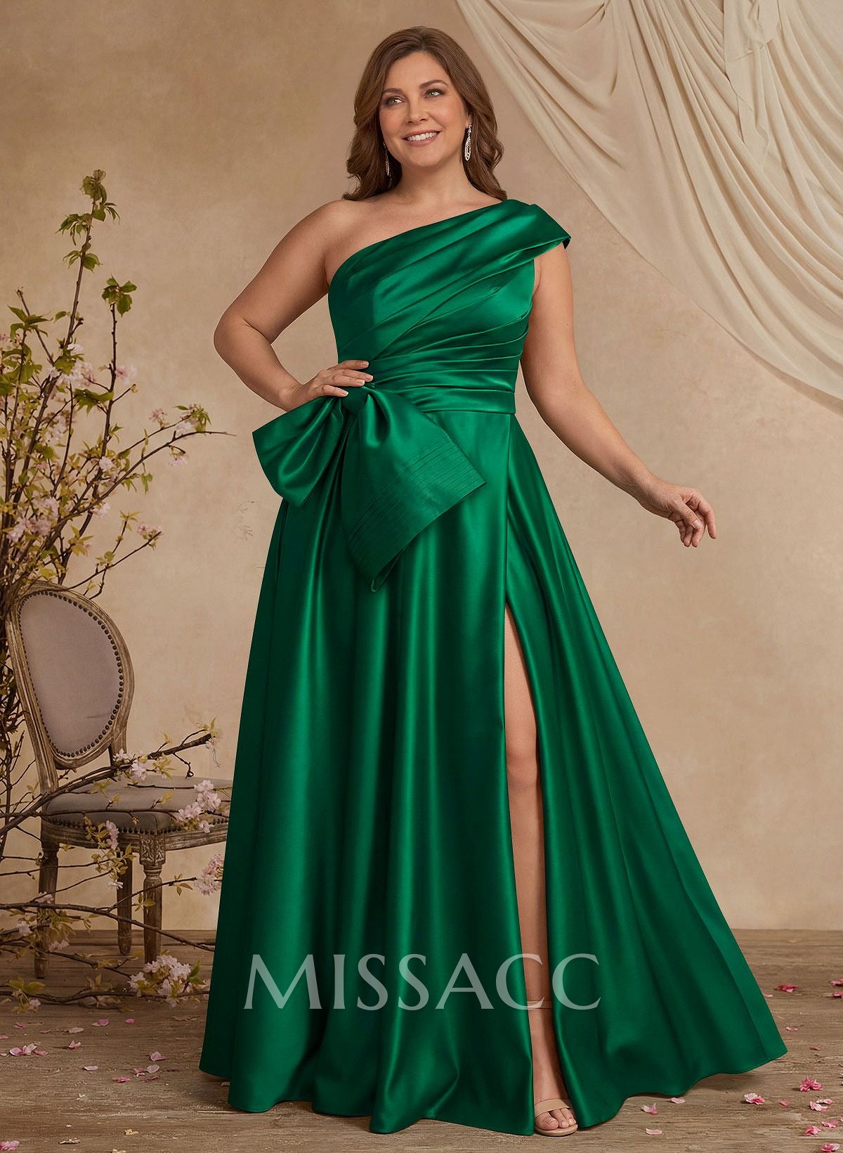 A-Line One-Shoulder Sleeveless Satin Mother Of The Bride Dresses With High Split