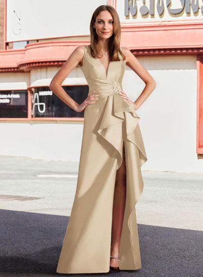 Sheath/Column V-Neck Sleeveless Satin Mother Of The Bride Dresses With High Split