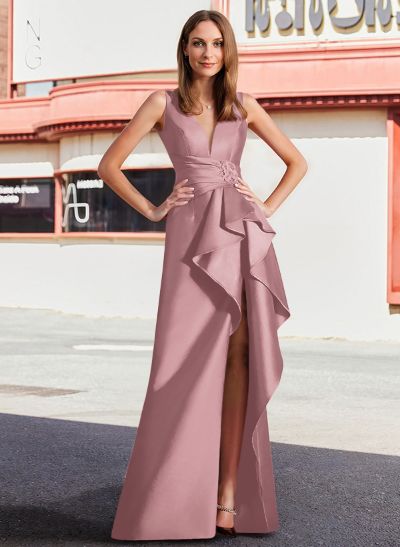 Sheath/Column V-Neck Sleeveless Satin Mother Of The Bride Dresses With High Split