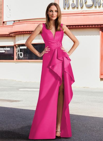 Sheath/Column V-Neck Sleeveless Satin Mother Of The Bride Dresses With High Split