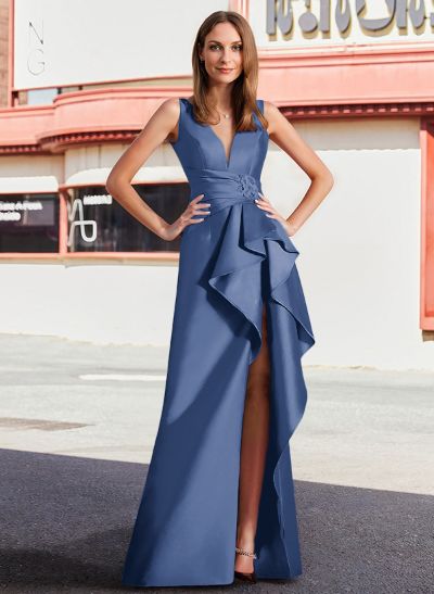 Sheath/Column V-Neck Sleeveless Satin Mother Of The Bride Dresses With High Split