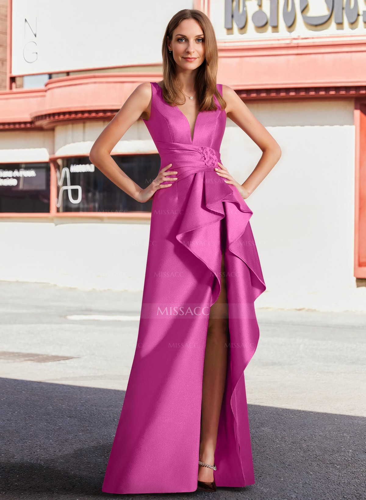 Sheath/Column V-Neck Sleeveless Satin Mother Of The Bride Dresses With High Split