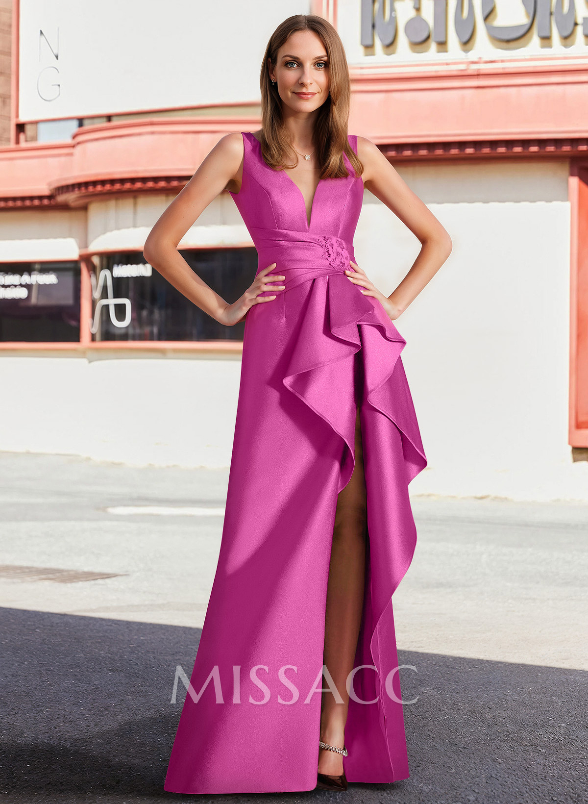 Sheath/Column V-Neck Sleeveless Satin Mother Of The Bride Dresses With High Split Sheath/Column V-Neck Sleeveless Satin Mother Of The Bride Dresses With High Split