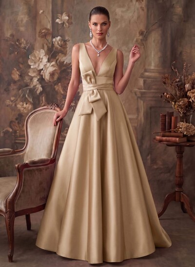 A-Line V-Neck Sleeveless Floor-Length Satin Mother Of The Bride Dresses