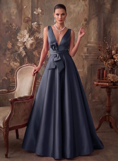 A-Line V-Neck Sleeveless Floor-Length Satin Mother Of The Bride Dresses