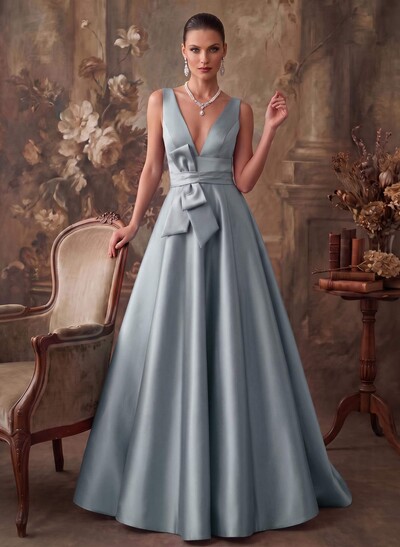 A-Line V-Neck Sleeveless Floor-Length Satin Mother Of The Bride Dresses