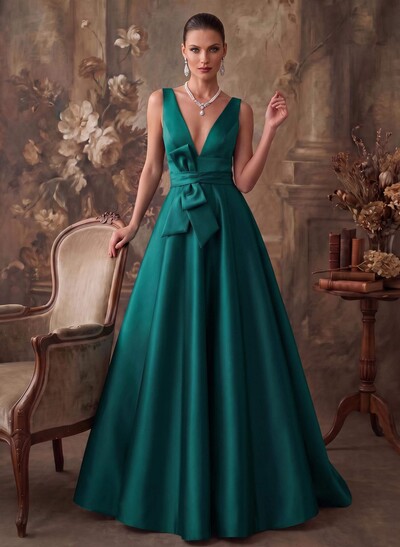 A-Line V-Neck Sleeveless Floor-Length Satin Mother Of The Bride Dresses