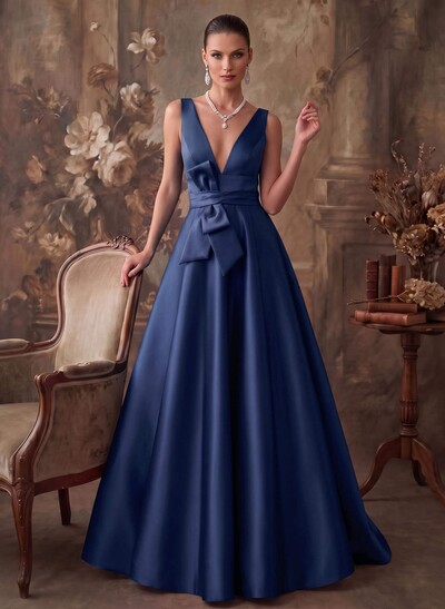 A-Line V-Neck Sleeveless Floor-Length Satin Mother Of The Bride Dresses