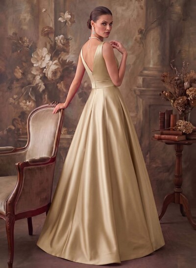 A-Line V-Neck Sleeveless Floor-Length Satin Mother Of The Bride Dresses