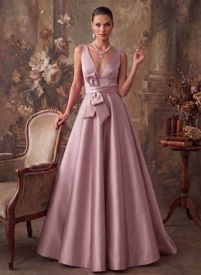 A-Line V-Neck Sleeveless Floor-Length Satin Mother Of The Bride Dresses