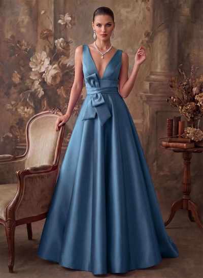 A-Line V-Neck Sleeveless Floor-Length Satin Mother Of The Bride Dresses