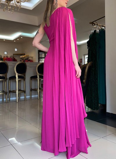 A-Line One-Shoulder Sleeveless Floor-Length Chiffon Evening Dresses With Pleated