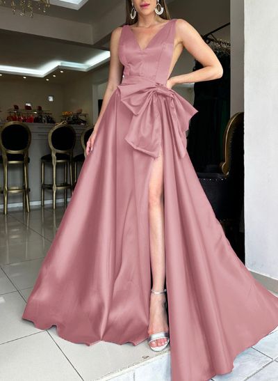 V-Neck Satin A-Line Open Back Mother Of The Bride Dresses With Bow