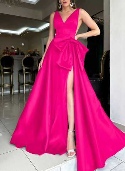 V-Neck Satin A-Line Open Back Mother Of The Bride Dresses With Bow