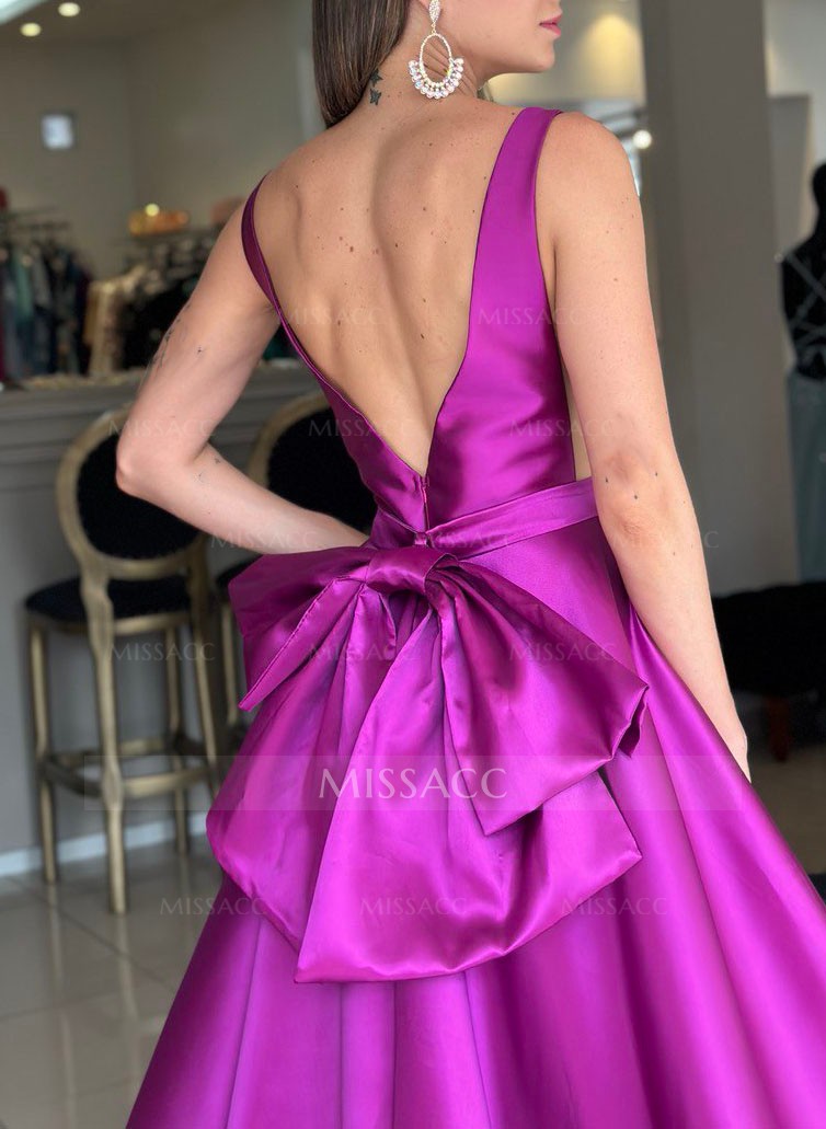 V-Neck Satin A-Line Open Back Mother Of The Bride Dresses With Bow