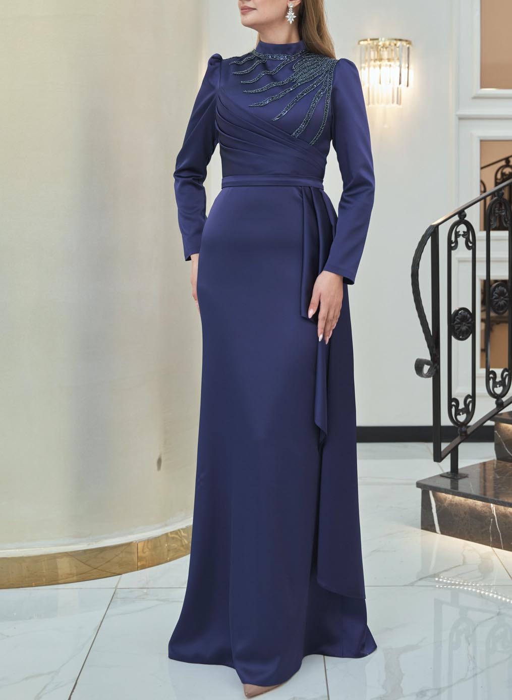 High Neck Beading Long Sleeves Mother Of The Bride Dresses With Satin