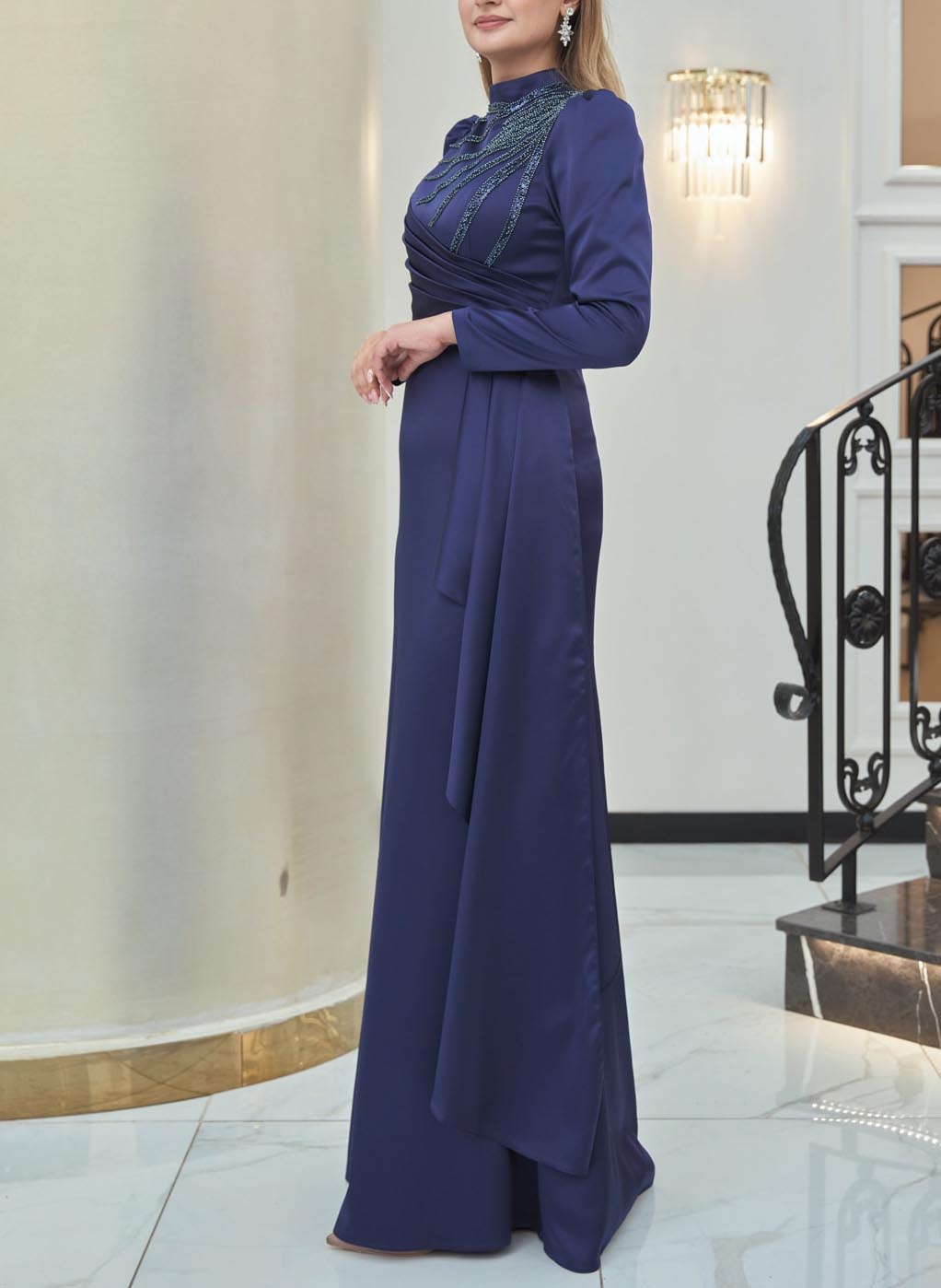 High Neck Beading Long Sleeves Mother Of The Bride Dresses With Satin