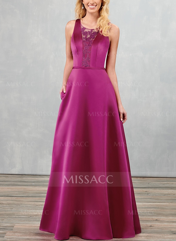 A-Line Scoop Neck Sleeveless Satin Mother Of The Bride Dresses With Lace
