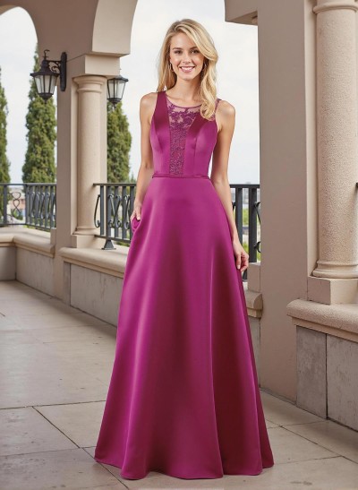 A-Line Scoop Neck Sleeveless Satin Mother Of The Bride Dresses With Lace