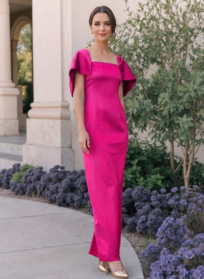 Fitted Square Neck Silky Satin Mother of the Bride Dress with Bow