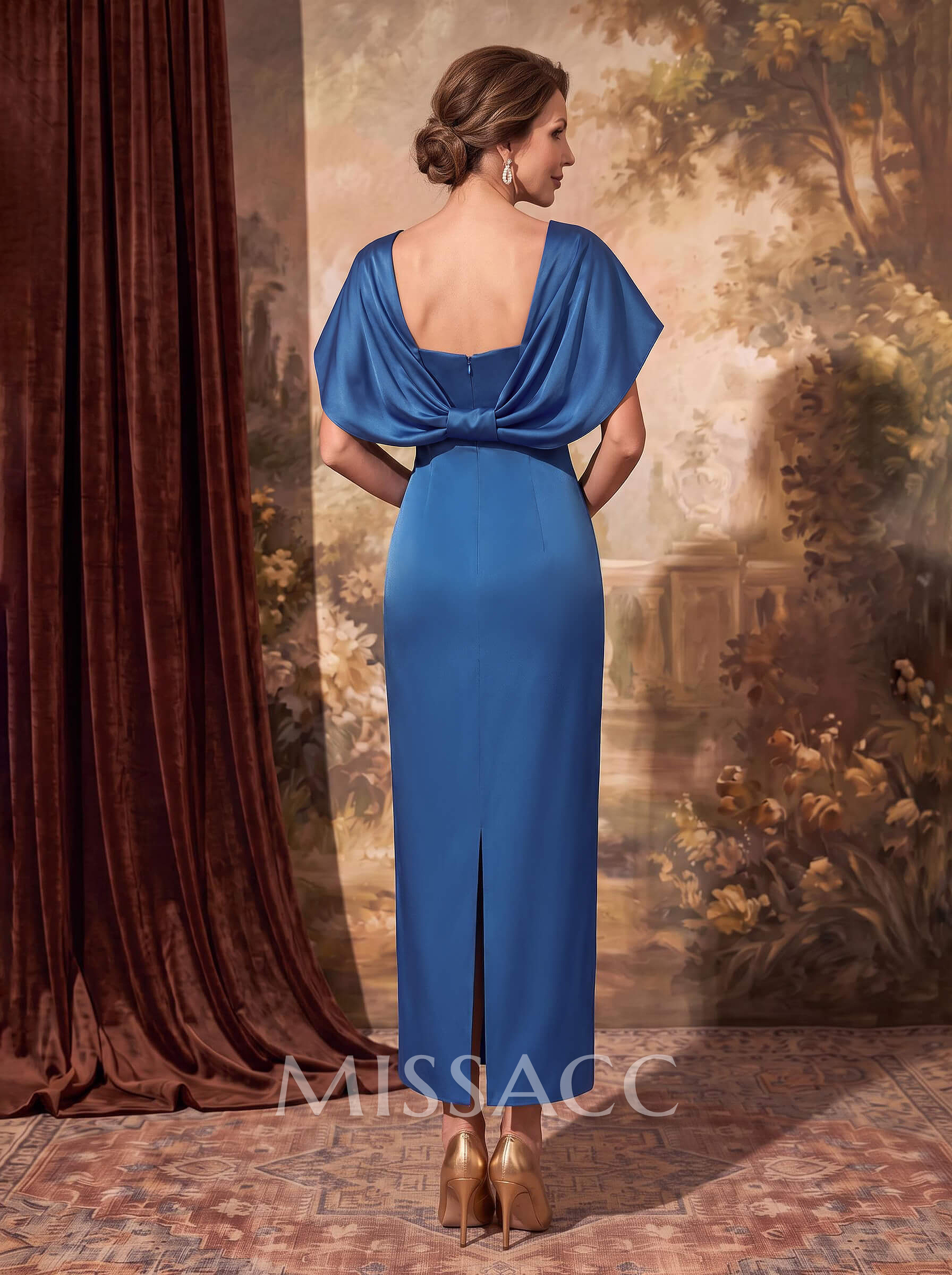 Sheath/Column Square Neckline Silk Like Satin Mother Of The Bride Dresses With Bow(s)