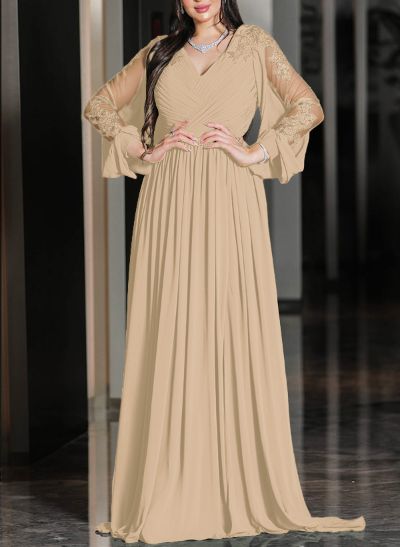 A-Line V-Neck Long Sleeves Chiffon Mother Of The Bride Dresses With Lace