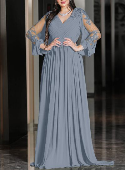 A-Line V-Neck Long Sleeves Chiffon Mother Of The Bride Dresses With Lace