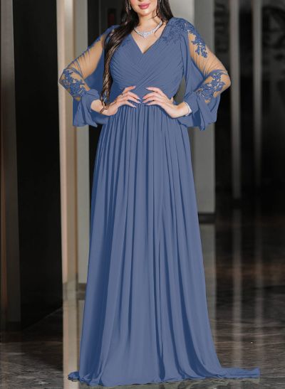 A-Line V-Neck Long Sleeves Chiffon Mother Of The Bride Dresses With Lace