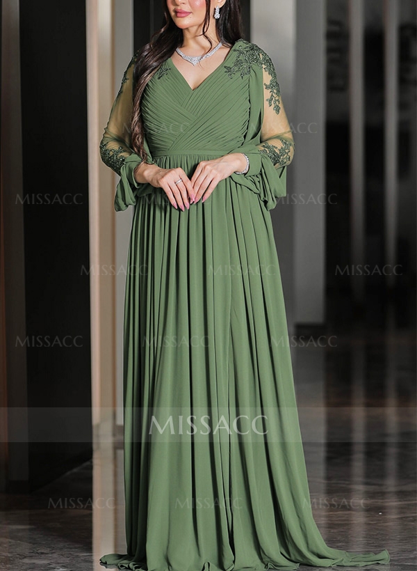 A-Line V-Neck Long Sleeves Chiffon Mother Of The Bride Dresses With Lace