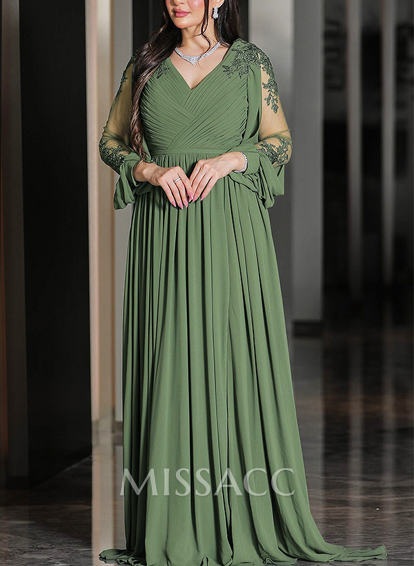 A-Line V-Neck Long Sleeves Chiffon Mother Of The Bride Dresses With Lace
