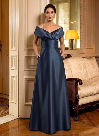 Cap Shoulder A-Line Satin Mother Of The Bride Dresses With Pockets