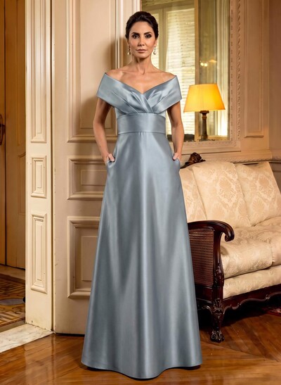 Cap Shoulder A-Line Satin Mother Of The Bride Dresses With Pockets