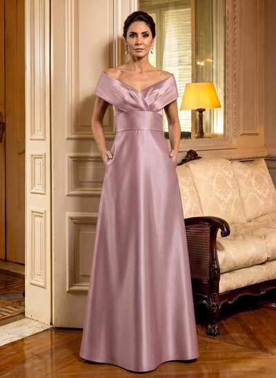 Cap Shoulder A-Line Satin Mother Of The Bride Dresses With Pockets