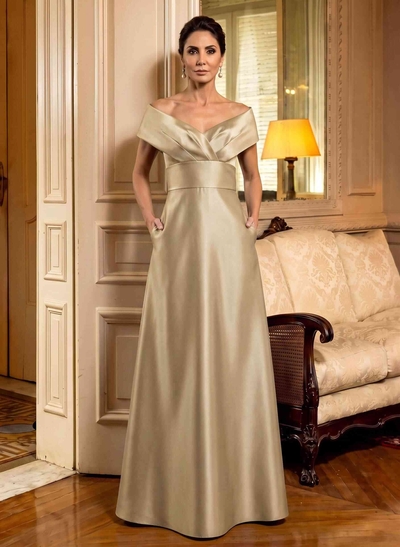 Cap Shoulder A-Line Satin Mother Of The Bride Dresses With Pockets