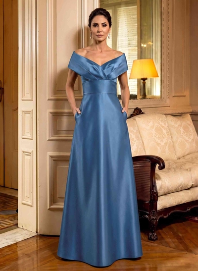 Cap Shoulder A-Line Satin Mother Of The Bride Dresses With Pockets