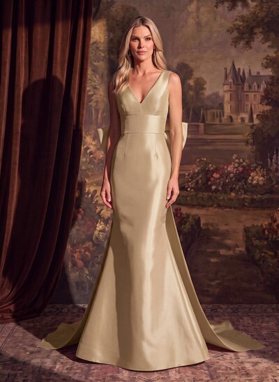 Trumpet/Mermaid V-Neck Satin Mother Of The Bride Dresses With Bow(s)